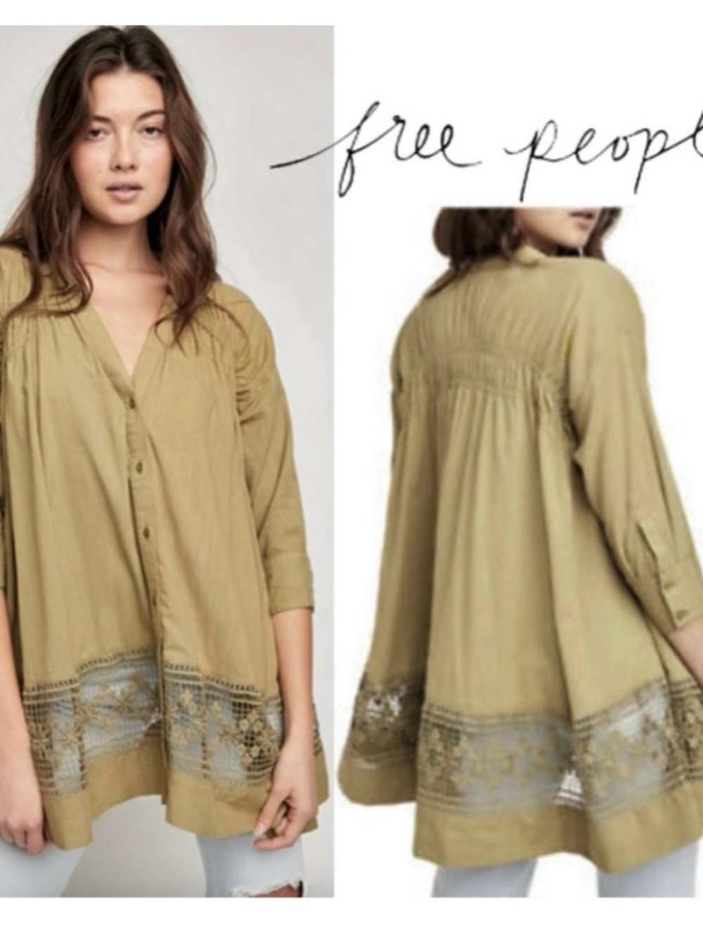 Free People Olive Green Button-Front Tunic with Crochet Hem